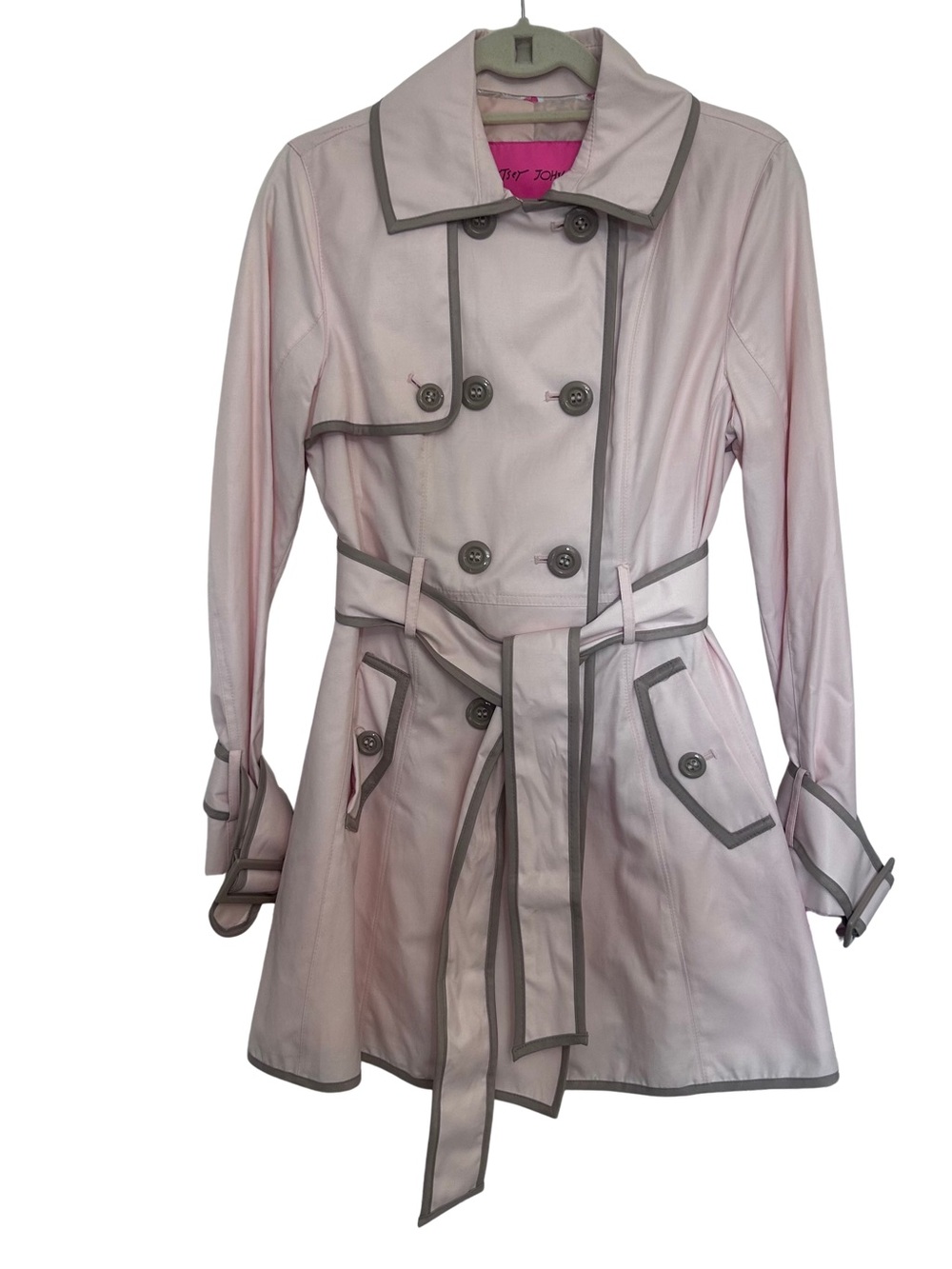🩷MAKE OFFER🩷 Betsey Johnson Light Pink Trench Coat Gray Trim Corset Back Medium